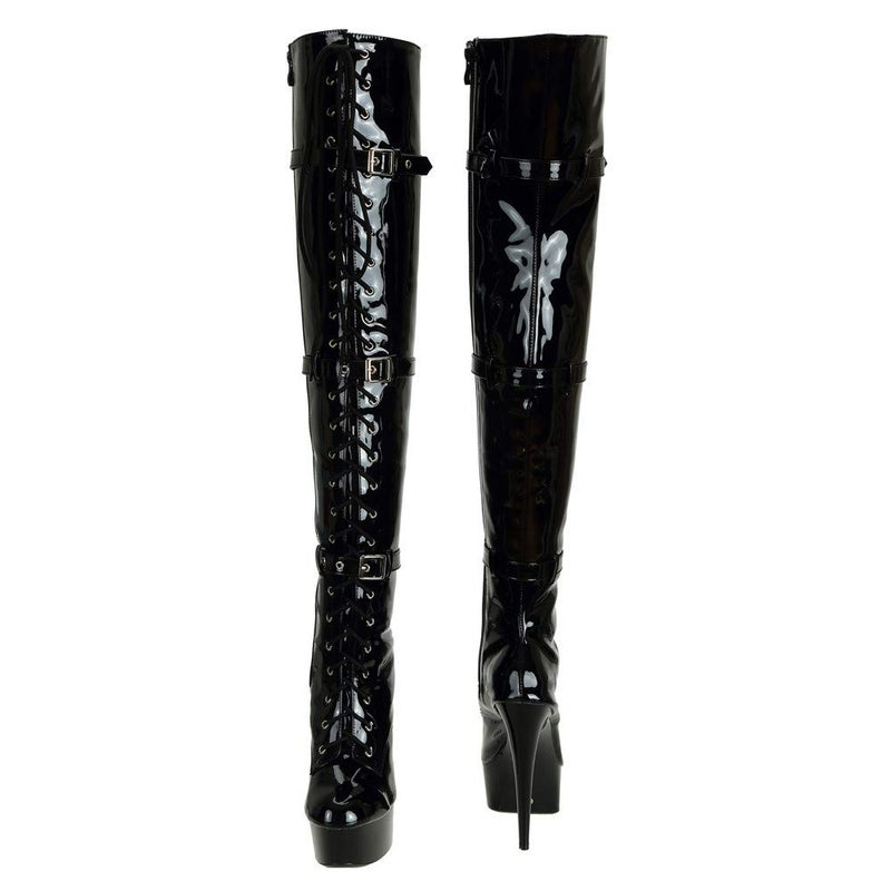 SheSole Women's Over The Knee Thigh High Heel Boots Platform Zip Buckle Lace Up Black US Size 6 - Image 2